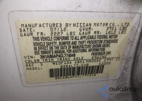 2012 Nissan Sentra 2.0 S z USA, uszkodzony, nr VIN 3N1AB6AP4CL774548